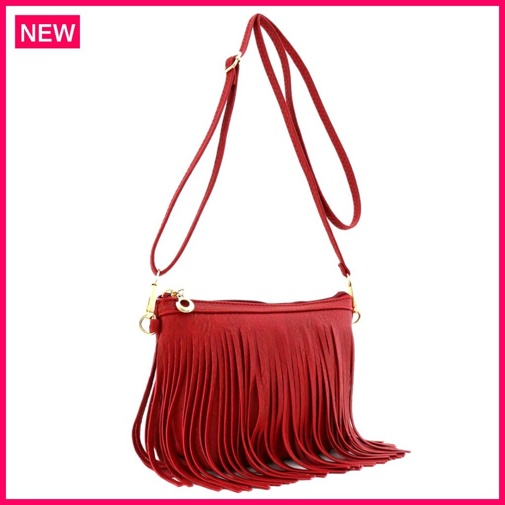 Small Fringe Crossbody Bag With Adjustable Strap And Wrist Strap